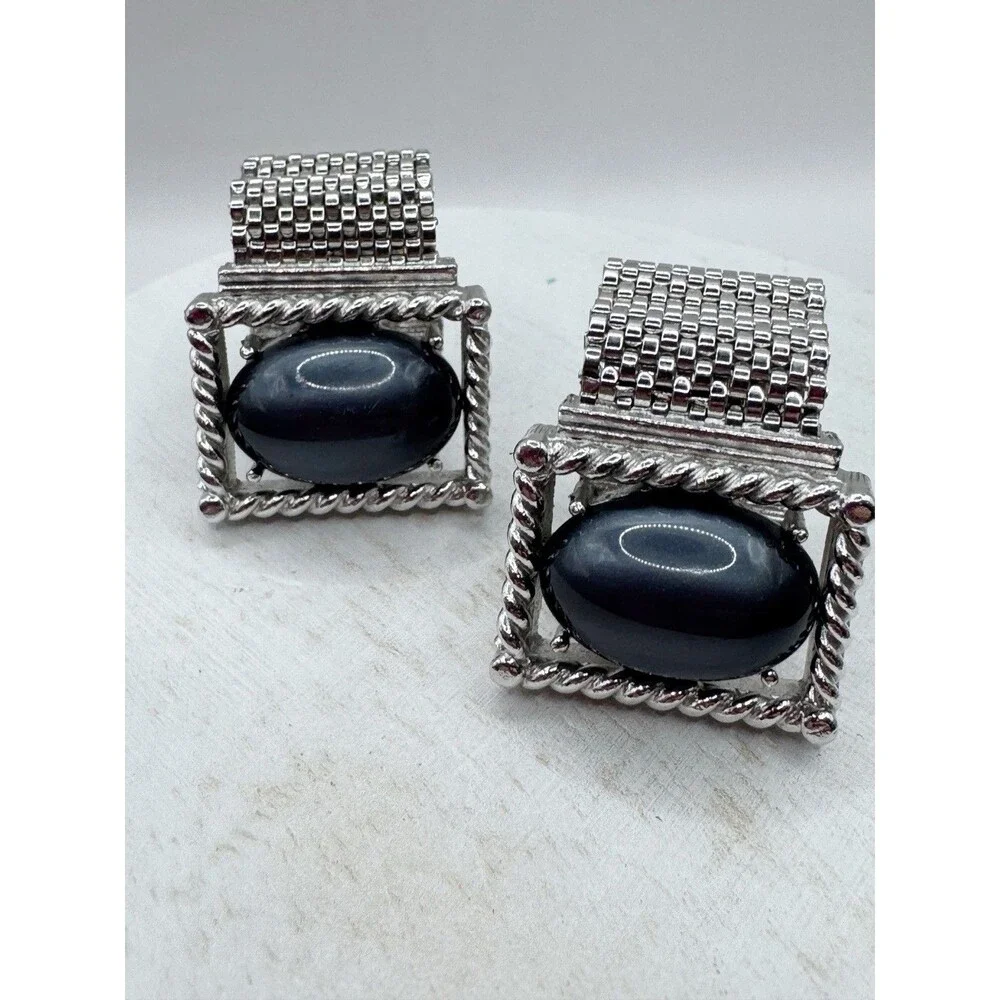 Vtg Swank Silver Tone Rectangular Grey Moonglow Oval Cabochon Mesh Cufflinks